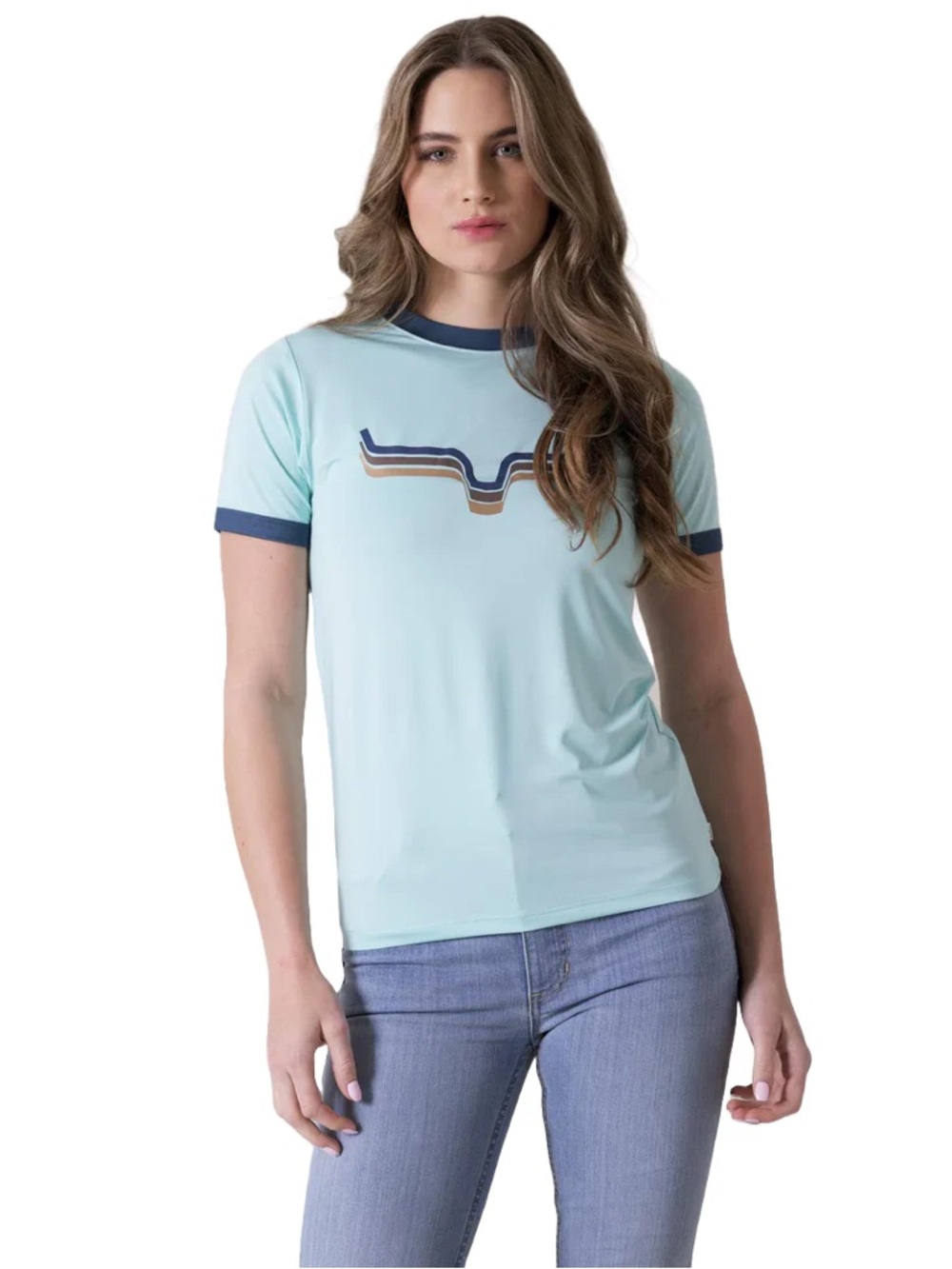 Kimes Ranch Ladies Rhythm Ringer Light Blue T-Shirt slim fit